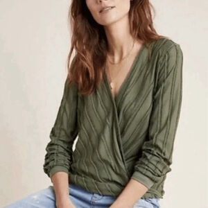 Maeve by Anthropologie Medium Audre Blouse Textured Faux Wrapped V-Neck Green